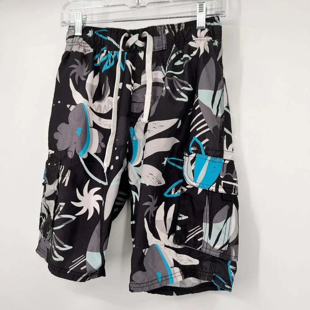 Kanu Surf Mens M‎ Swim Trunks Black Blue Floral Cargo Board Shorts Mesh Lining